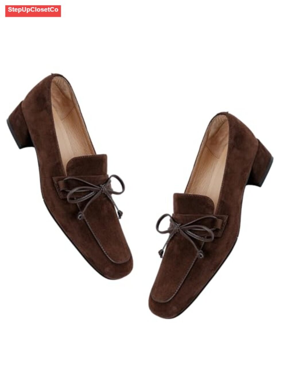 MOOMMO Suede Chunky Low Heel Loafers Bow Slip On Square Toe Work Shoes